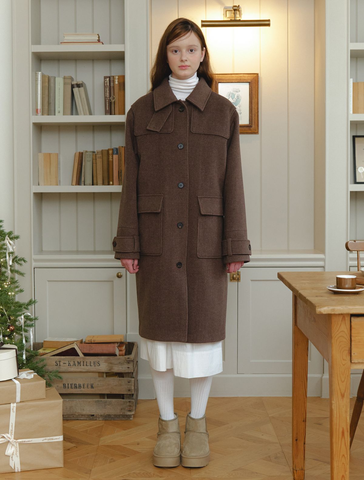 클루니(CLUNY) Soft cashmere herringbone coat - brown