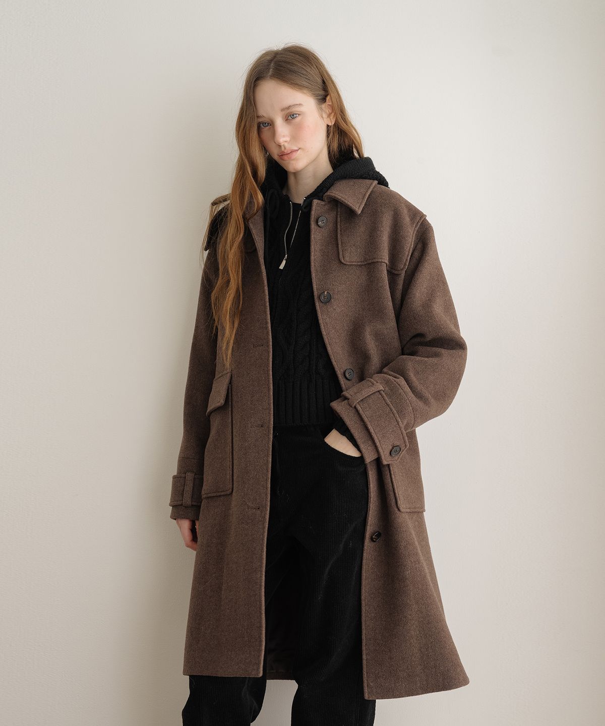 클루니(CLUNY) Soft Cashmere Herringbone Coat - Brown