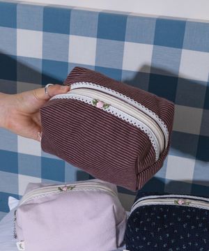 패브릭 사각 파우치 스트라이프 브라운 L