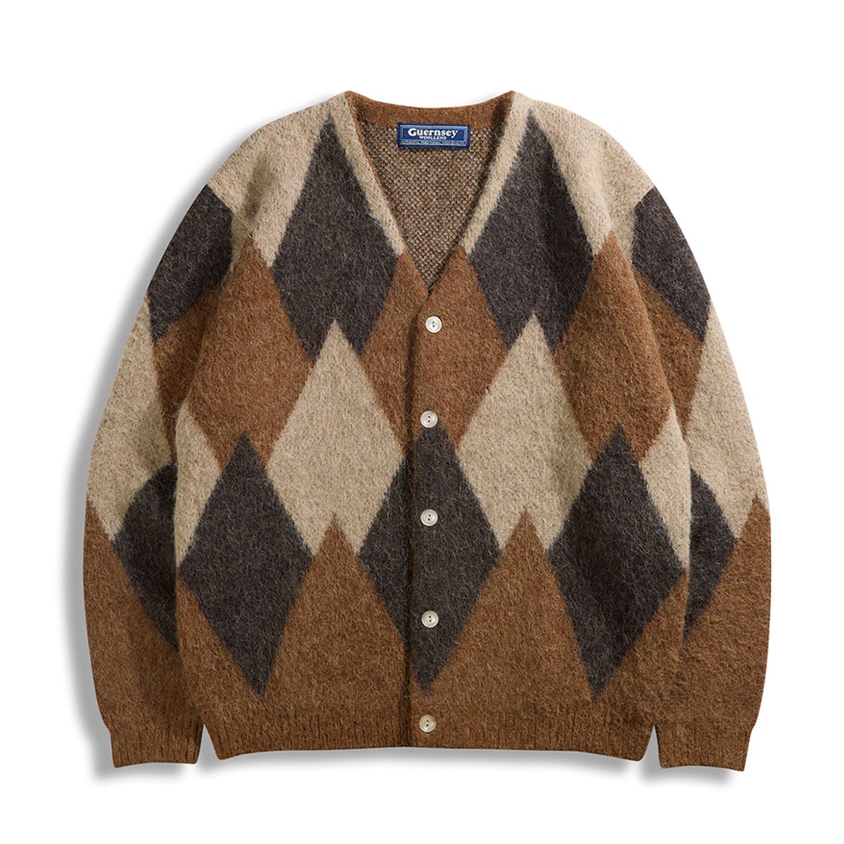 건지 울른스(Guernsey Woollens) 알파카 아가일 가디건 - 샌드