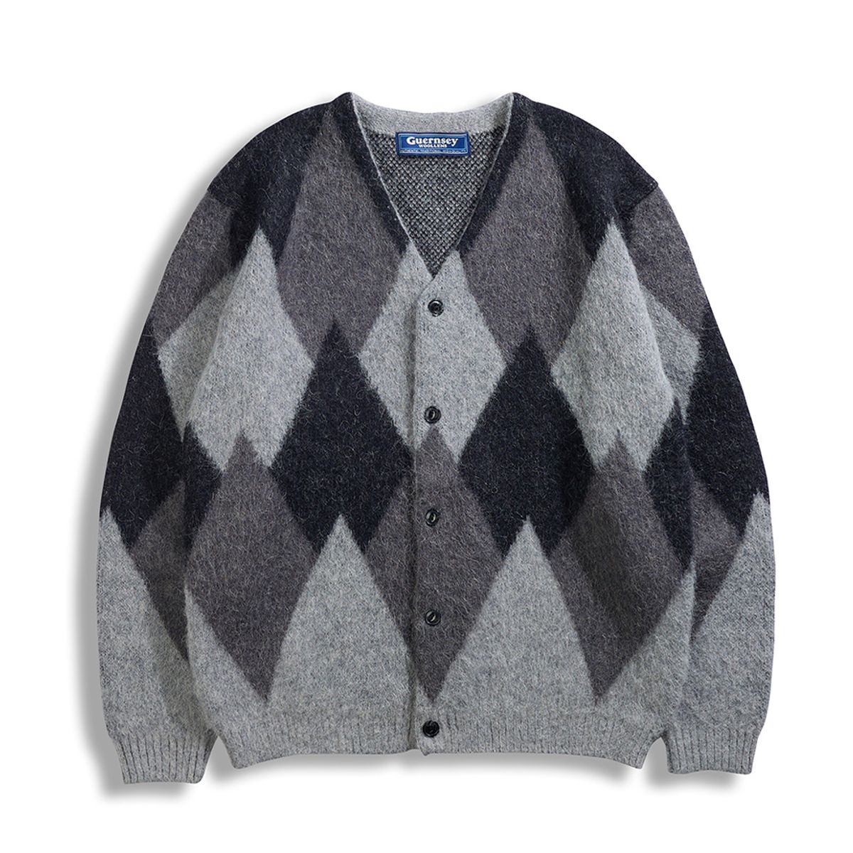 건지 울른스(Guernsey Woollens) 알파카 아가일 가디건 - 블랙