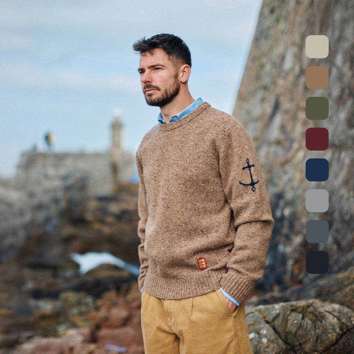 건지 울른스(Guernsey Woollens) 네프사 새들 스웨터 컬렉션