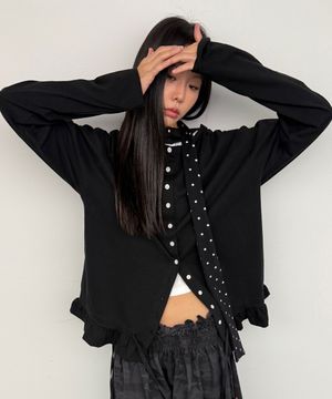네티 도트스카프셋업 셔링 캉캉 박시 티셔츠 가디건_블랙