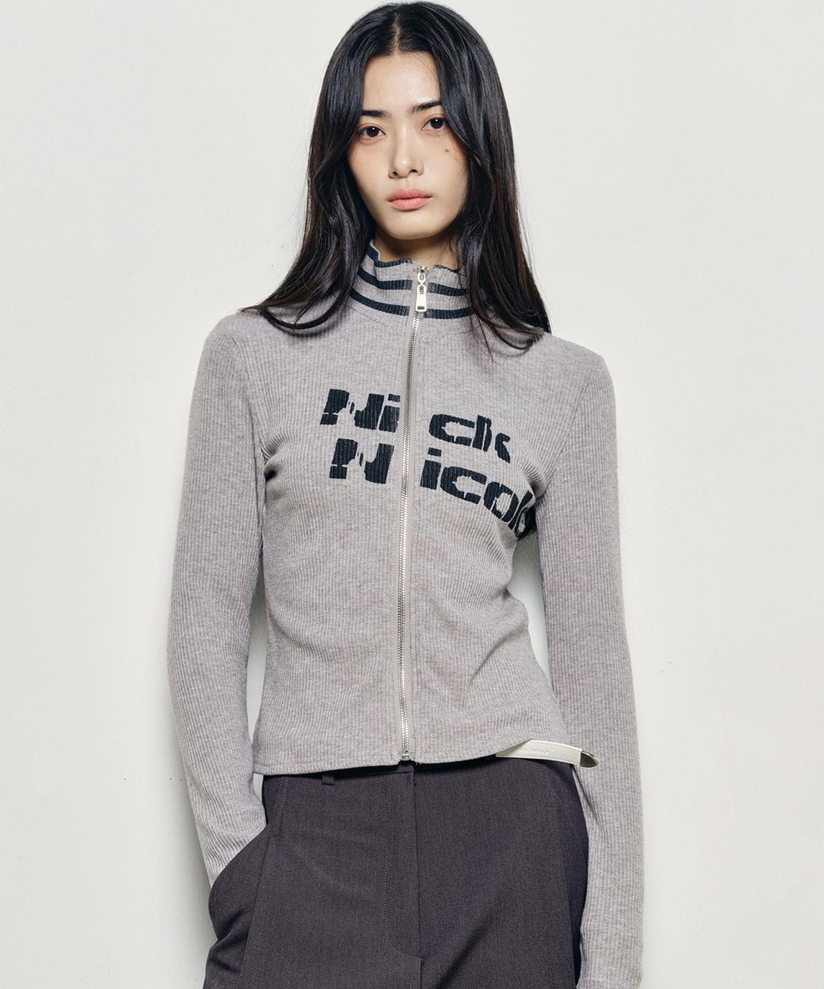 닉앤니콜(NICK&NICOLE) NICOLE SLIM RIBBED KNIT ZIP UP_GRAY
