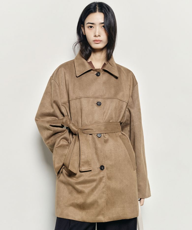 SUEDE BELTED HALF COAT_CARMEL