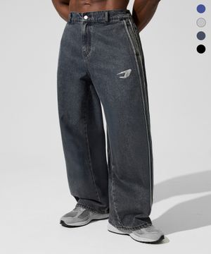 TPU 로고 트랙 라인 와이드 데님 팬츠_4color