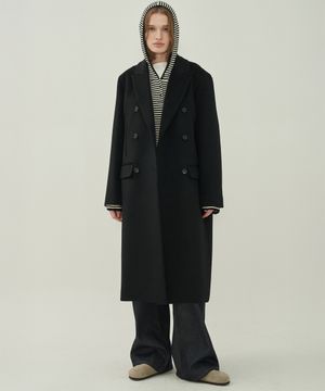 울 더블 롱 코트 - Black
