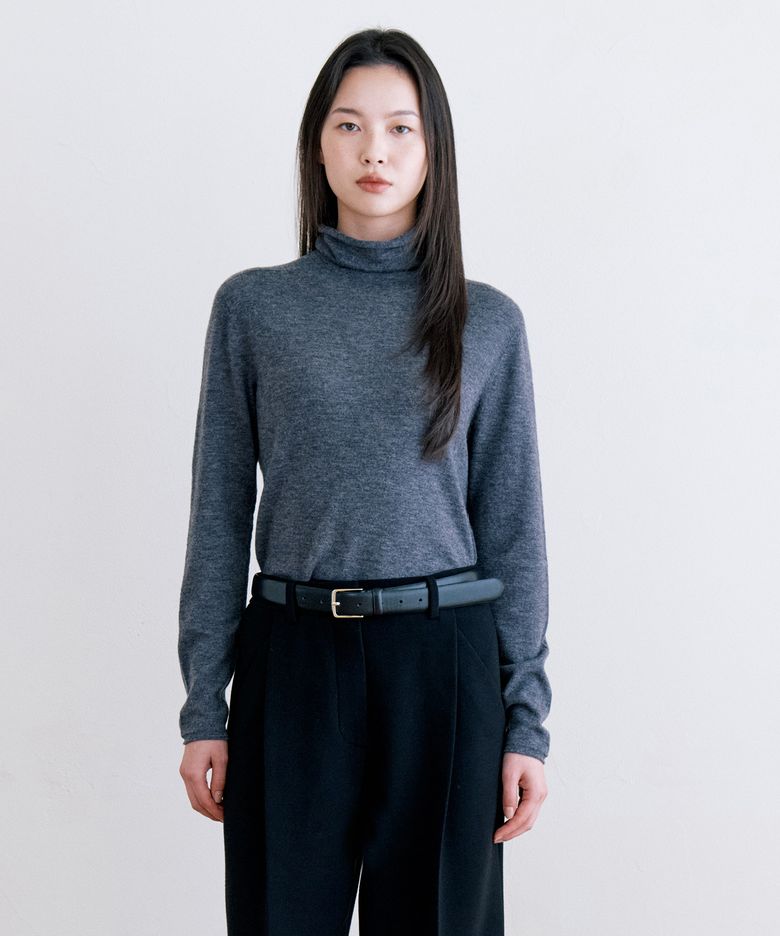 ROLL NECK WOOL100 TURTLE NECK KNIT - CHARCOAL