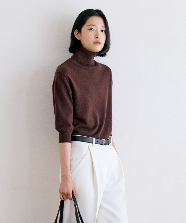 WOOL100 TURTLE NECK HALF KNIT - BROWN