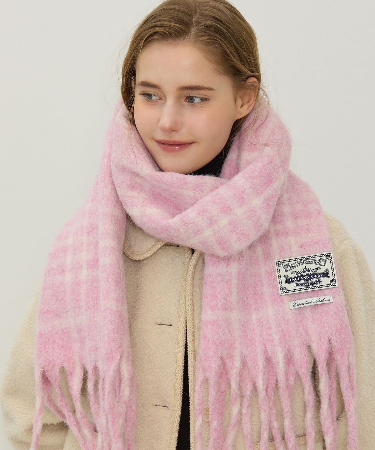 논로컬(NONLOCAL) Wool Blended Line Checked Muffler - Light Pink