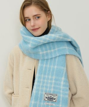Wool Blended Line Checked Muffler - Light Blue