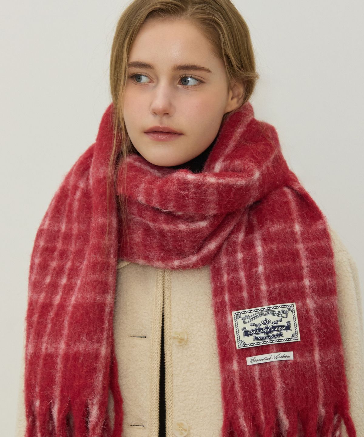 논로컬(NONLOCAL) Wool Blended Line Checked Muffler - Red