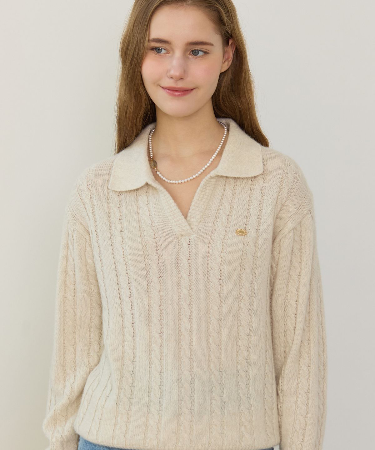 논로컬(NONLOCAL) Fox Blend Cable Open Collar Knit - Cream Melange