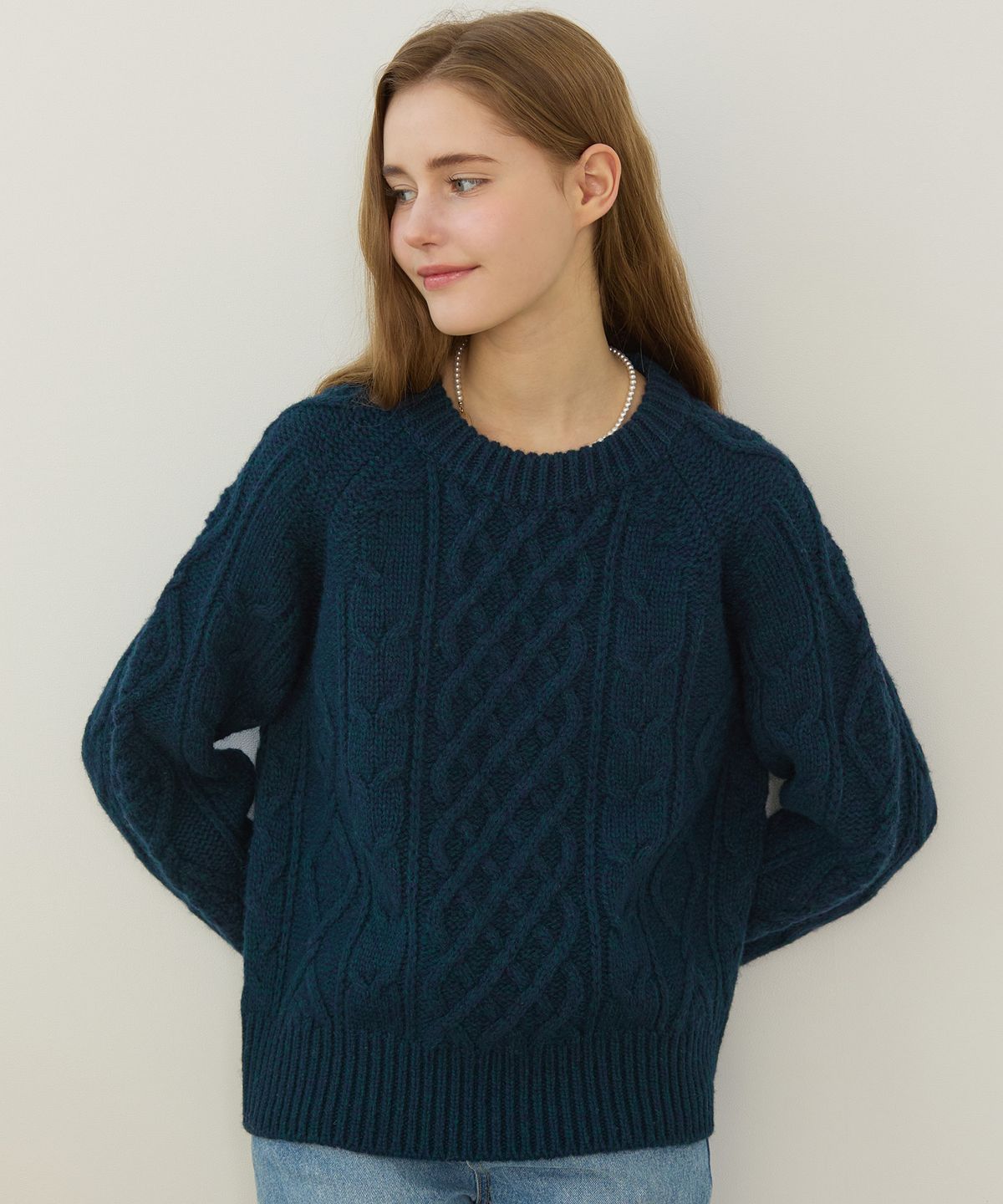 논로컬(NONLOCAL) Mixed Cable Shetland Wool Knit - Navy Green