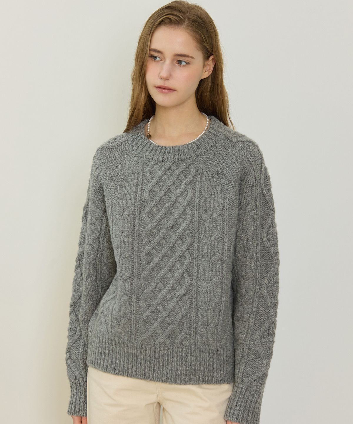 논로컬(NONLOCAL) Mixed Cable Shetland Wool Knit - Grey