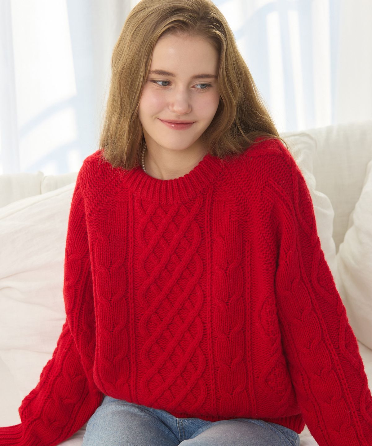 논로컬(NONLOCAL) Mixed Cable Shetland Wool Knit - Red