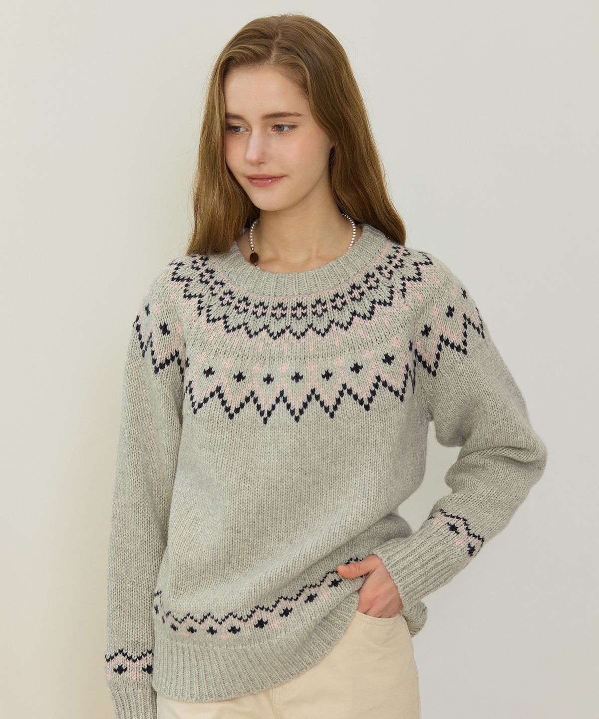 논로컬(NONLOCAL) Nordic Jacquard Merino Wool Knit - Melange Grey