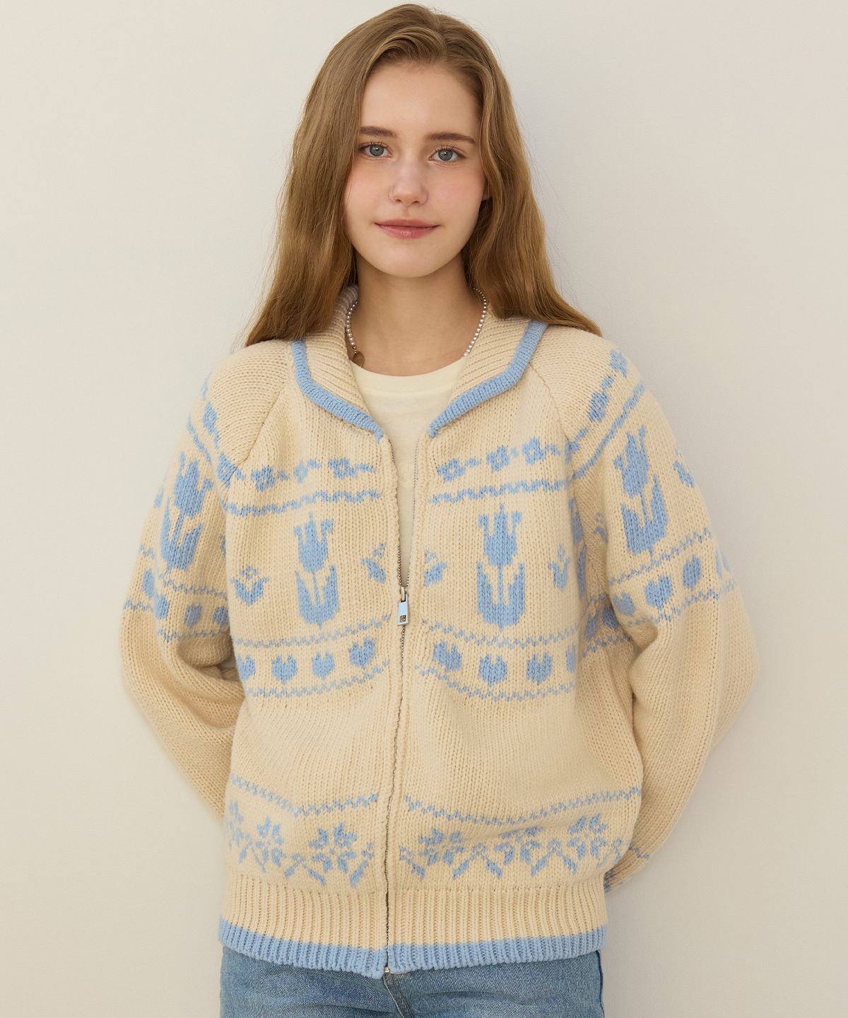 논로컬(NONLOCAL) Multi Jacquard Knit Zip Up Cardigan - Ivory