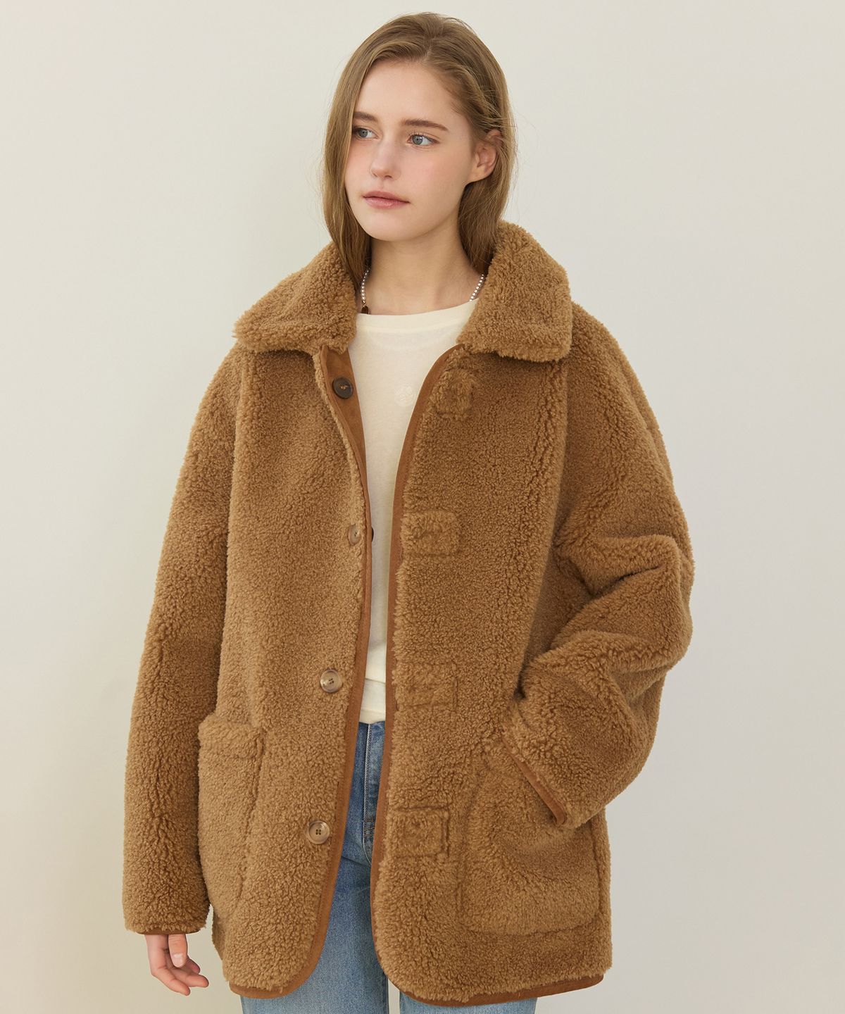 논로컬(NONLOCAL) Reversible Shearling Mustang Jacket - Brown