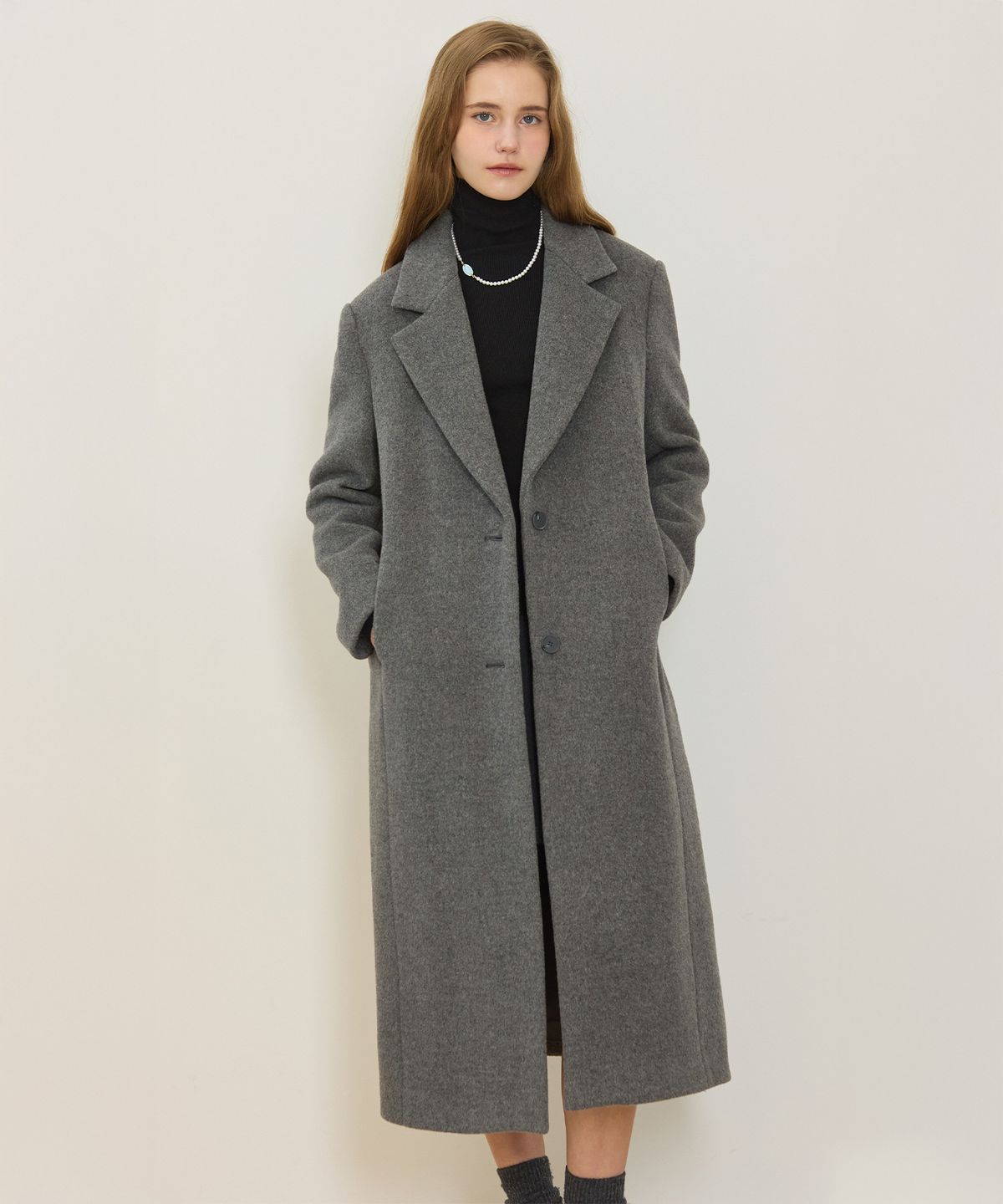 논로컬(NONLOCAL) Single-Breasted Wool Classic Coat - Charcoal Grey