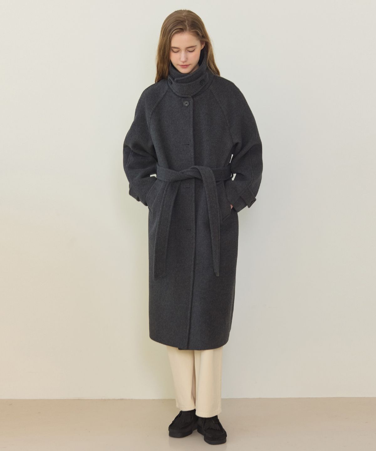 논로컬(NONLOCAL) Raglan Belted Wool Long Coat - Charcoal Grey