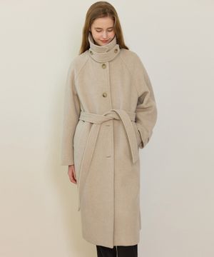 Raglan Belted Wool Long Coat - Oat Beige