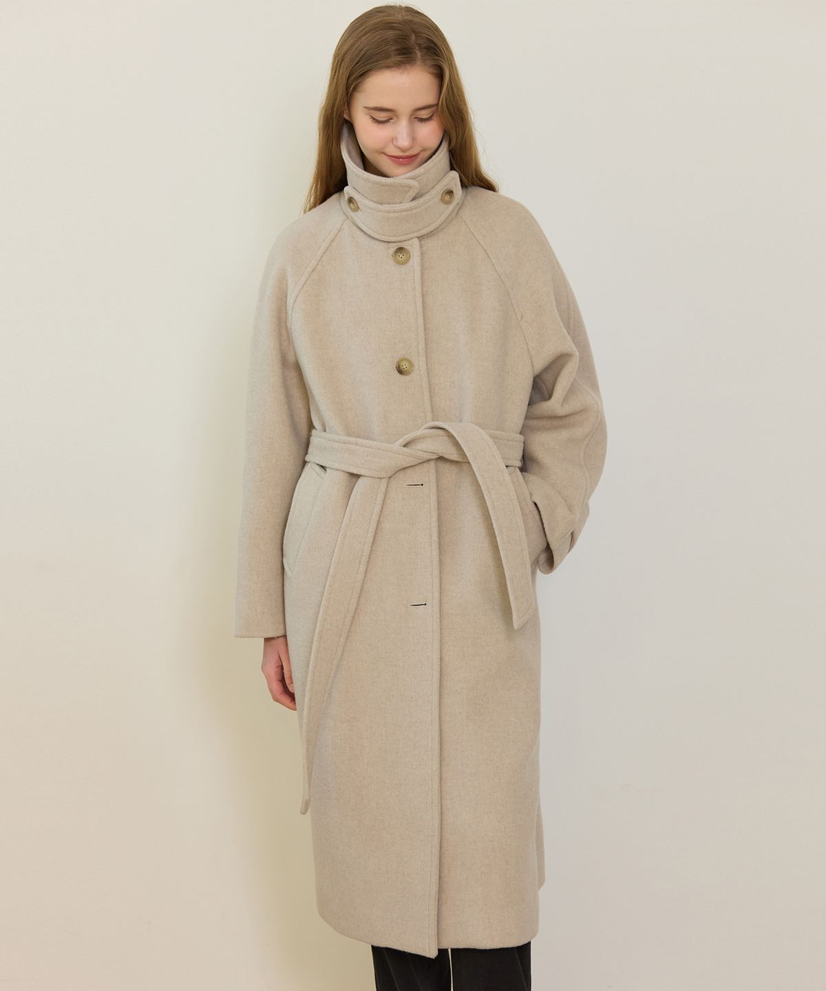 논로컬(NONLOCAL) Raglan Belted Wool Long Coat - Oat Beige