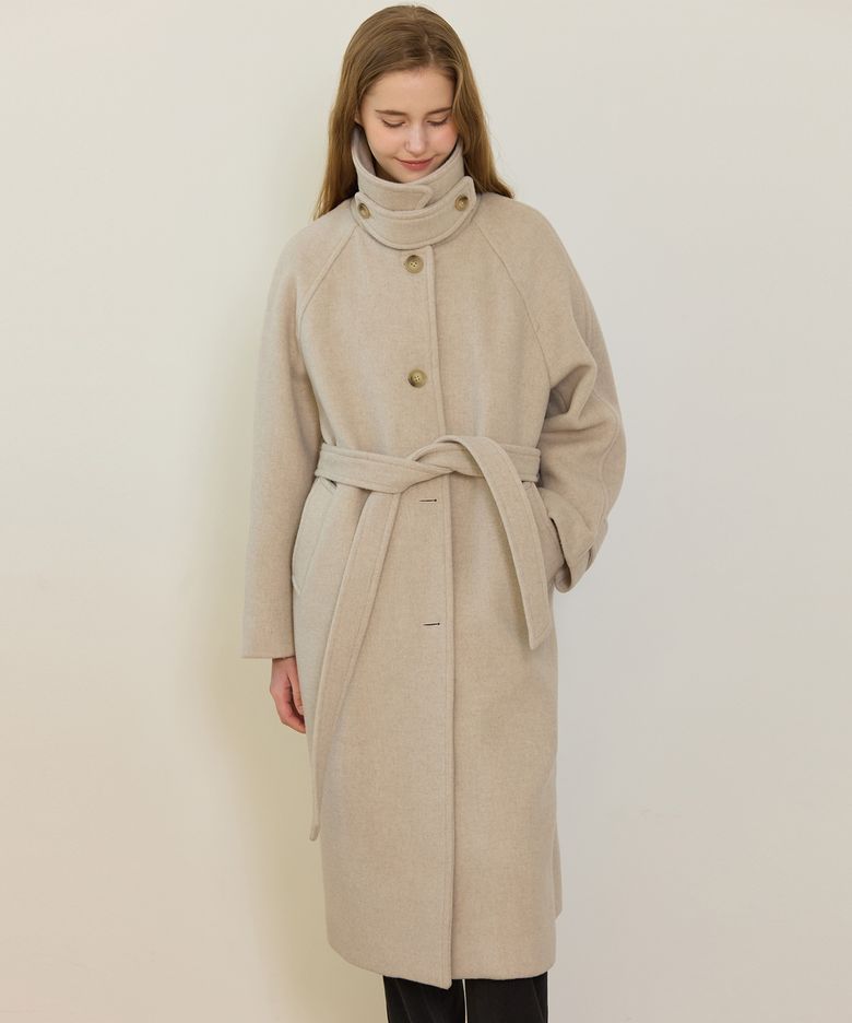 Raglan Belted Wool Long Coat - Oat Beige
