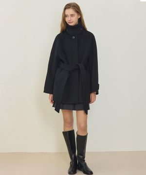 Raglan Belted Wool Half Coat - Black