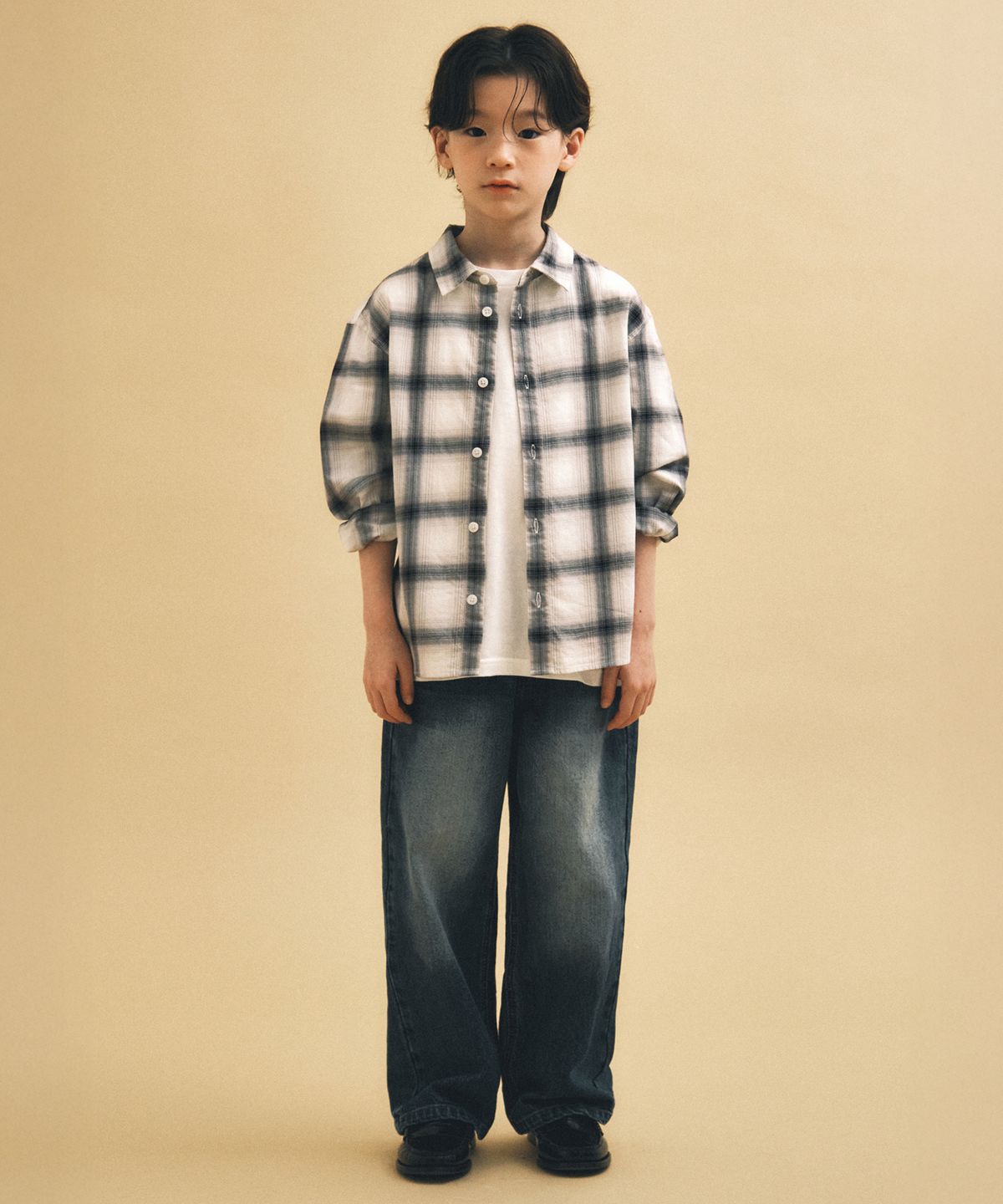 무신사 스탠다드 키즈(MUSINSA STANDARD KIDS) 릴렉스드 옴브레 체크 셔츠 [화이트/블랙]