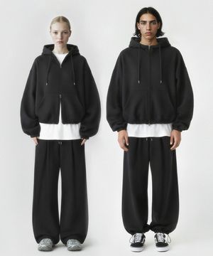 [SET] 스트링 오버핏 투웨이 후드집업 + 원턱 스트링 팬츠 - 블랙