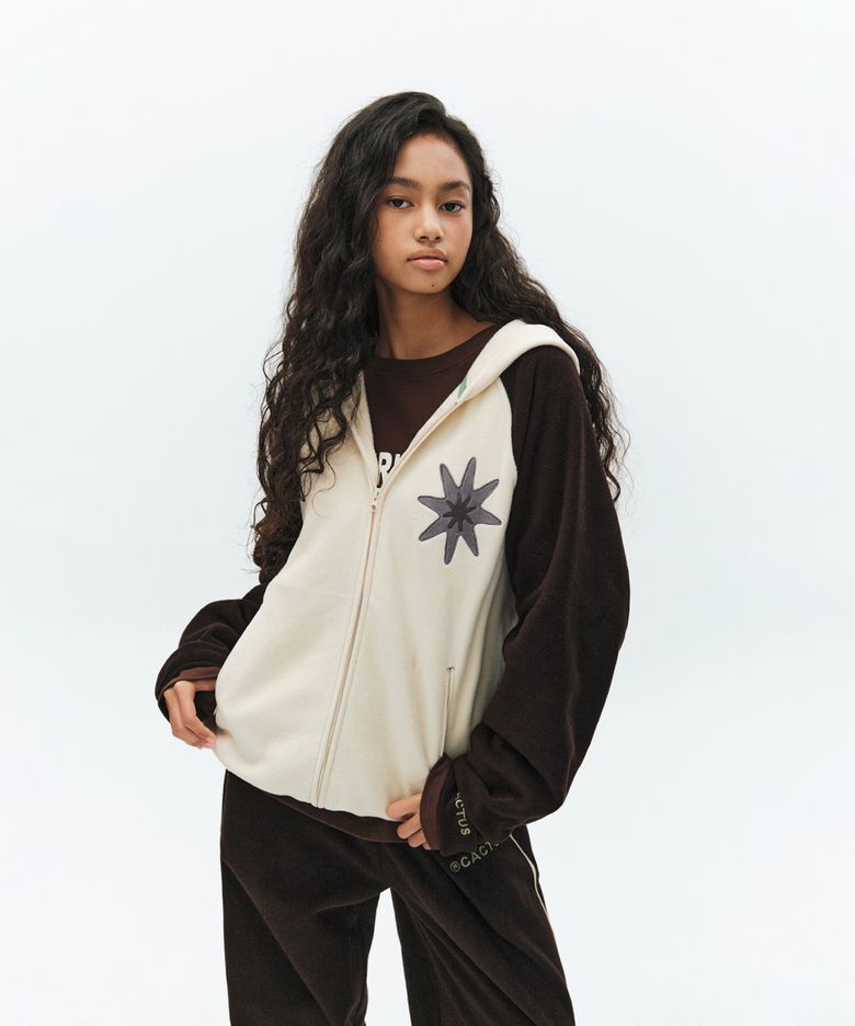 Star Embroidery Fleece Hood Zip-up Jacket-Cream