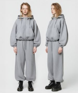 [SET] 스트링 오버핏 투웨이 후드집업 + 원턱 스트링 팬츠 - 멜란지