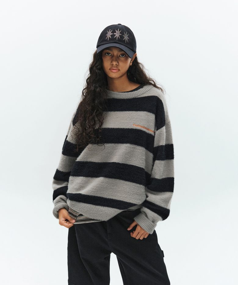 Embroidery Hairy Stripe Sweater-Melange gray