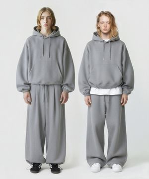 [SET] 스트링 오버핏 후드 + 원턱 스트링 팬츠 - 멜란지