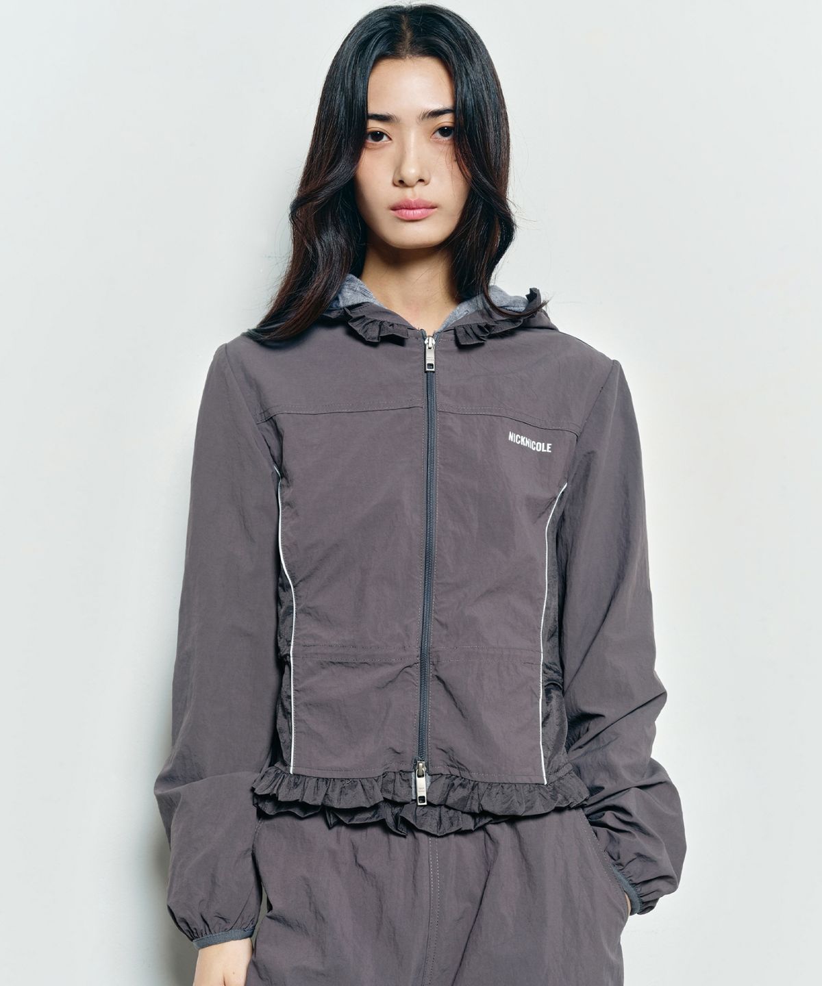 닉앤니콜(NICK&NICOLE) RUFFLE LACE HOOD JACKET_CHARCOAL