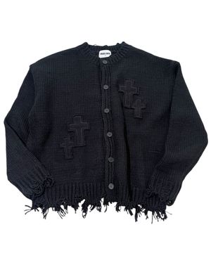 Cross Destroyed Tassel Knit Cardigan ((black))