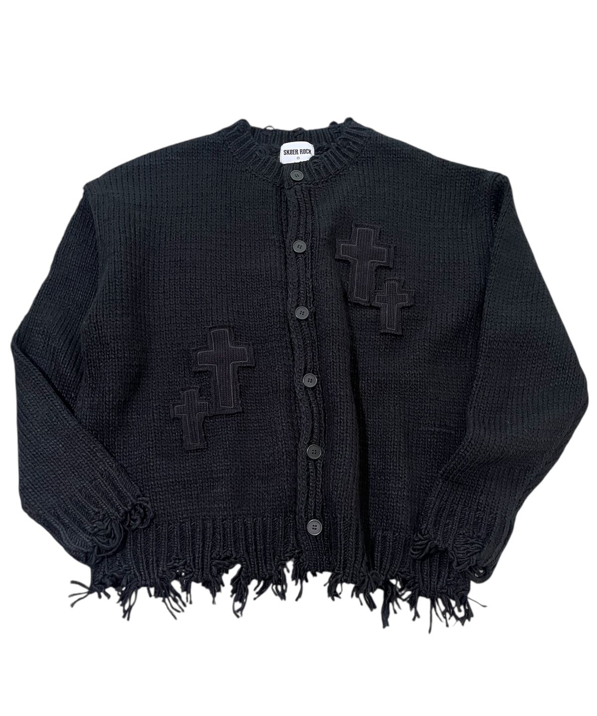 스케이터락(SK8ER ROCK) Cross Destroyed Tassel Knit Cardigan ((black))