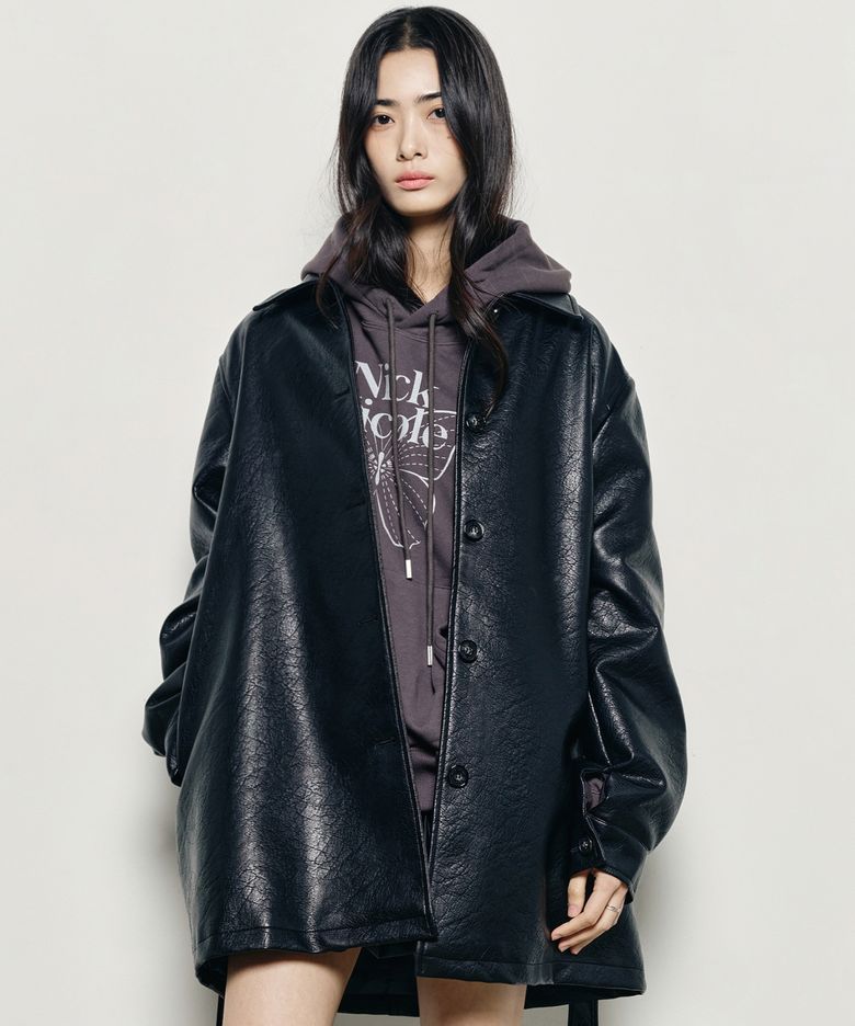 VINTAGE TEXTURED LEATHER BELTED COAT_BLACK