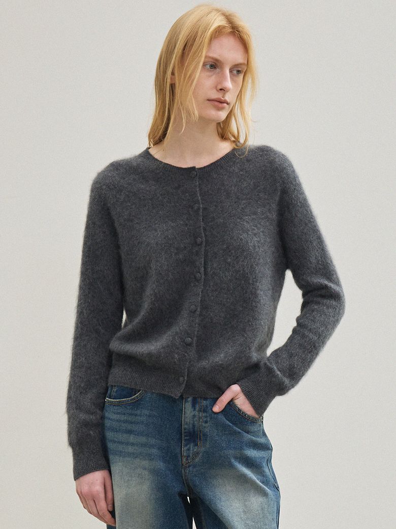 wool classic whole garment round neck cardigan (charcoal)