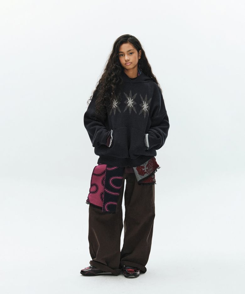 Star Graphic Knit Hoodie-Navy