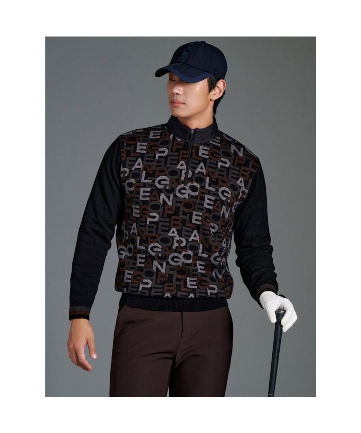 빈폴골프(BEANPOLE GOLF) 남성 방풍 로고 자카드 반집업 니트 - 블랙