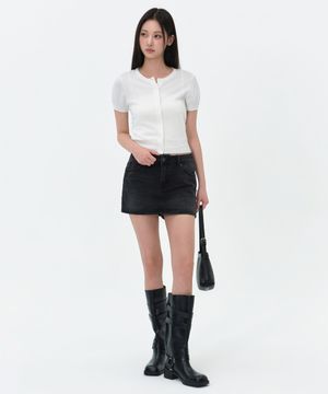 우먼즈 에센셜 라운드 넥 반소매 가디건 [아이보리]