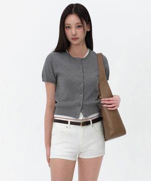 우먼즈 에센셜 라운드 넥 반소매 가디건 [미디엄 그레이]