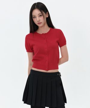 우먼즈 에센셜 라운드 넥 반소매 가디건 [레드]