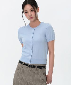 우먼즈 에센셜 라운드 넥 반소매 가디건 [스카이 블루]