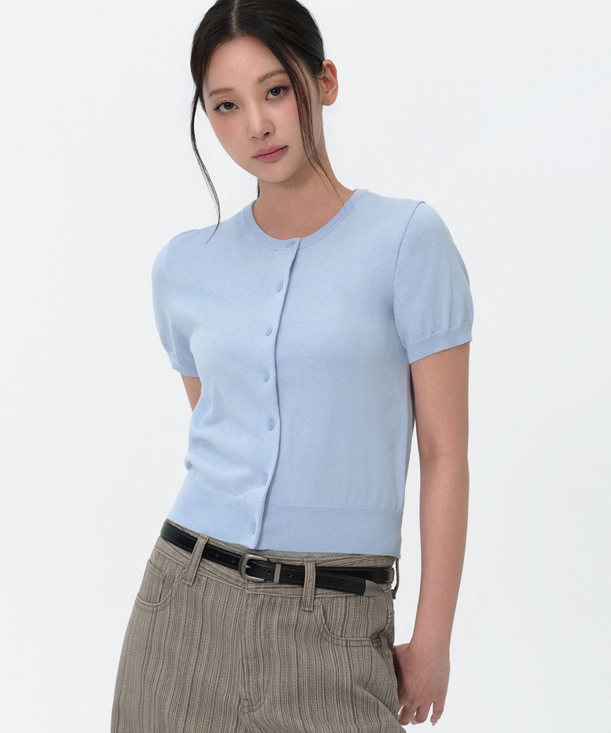 무신사 스탠다드 우먼(MUSINSA STANDARD WOMAN) 우먼즈 에센셜 라운드 넥 반소매 가디건 [스카이 블루]
