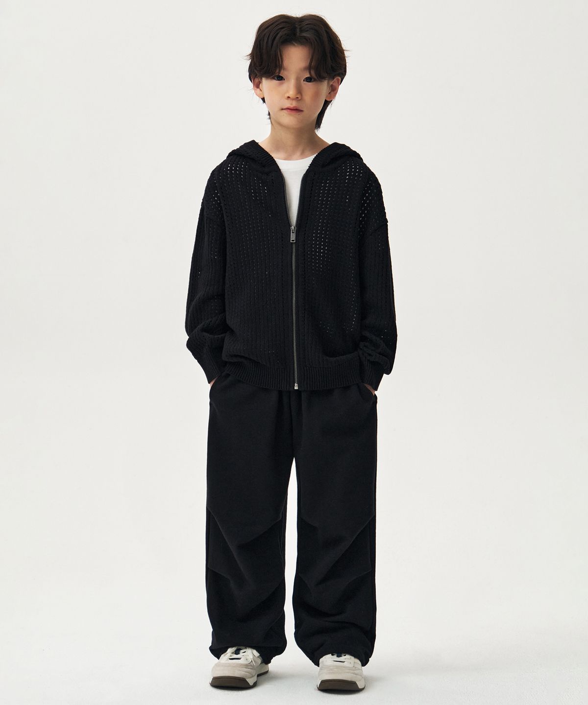 무신사 스탠다드 키즈(MUSINSA STANDARD KIDS) 크로셰 니트 후디드 집업 [블랙]
