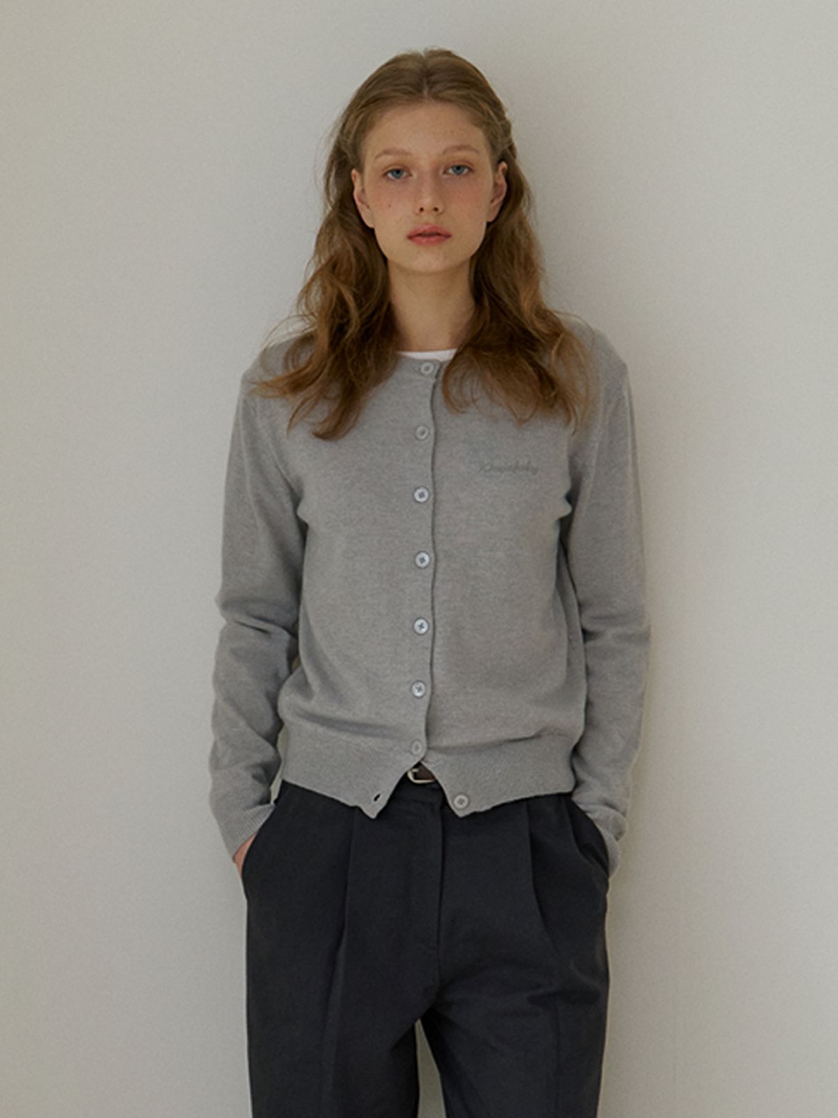 카인더베이비(KINDABABY) basic logo knit cardigan - misty blue gray