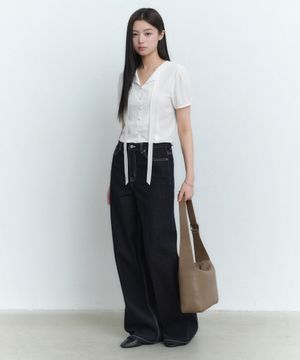 우먼즈 퍼프 슬리브 타이 블라우스 [화이트]